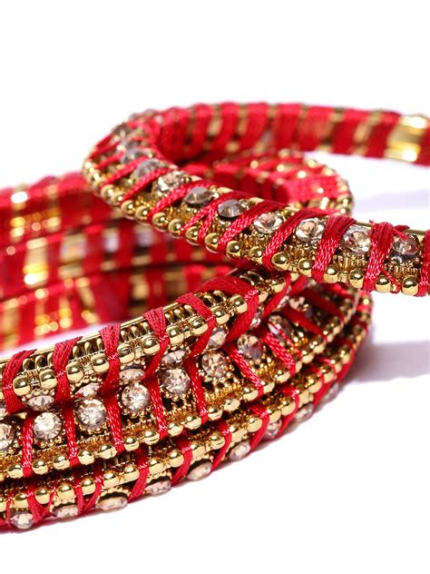Set Of 4 Stones Studded Silk Threaded Bangles in Maroon Color – Priyaasi