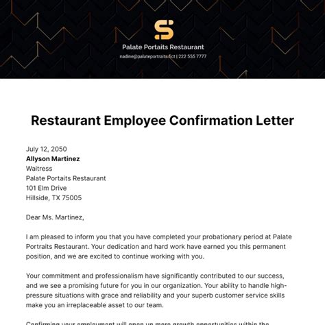 Free Restaurant Employee Confirmation Letter Template to Edit Online