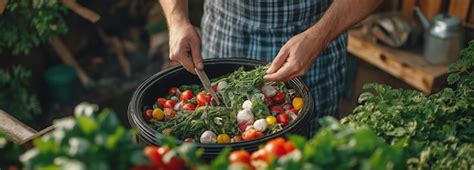 A gardener in their backyard using a compost bin to decompose food ...