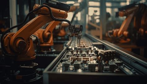 Mechanic controls robotic arm on futuristic production line generated ...