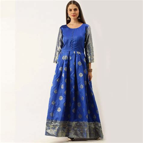 Royal Blue Color Soft Silk Box Cut Style Ready To Wear Gown
