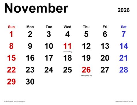 November 2026 Calendar Printable Free Pdf