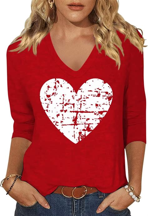 Beopjesk Womens Casual Love Heart Shirts 3/4 Sleeve Valentine's Day ...