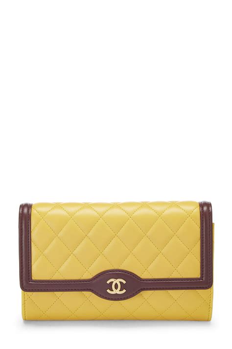 Pre-owned Chanel Yellow & Burgundy Quilted Lambskin Wallet On Chain ...