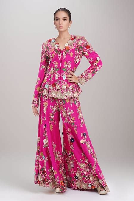 Buy Fuchsia Cotton Sequins, Zari, Embroidery V-neck Godet Jacket ...