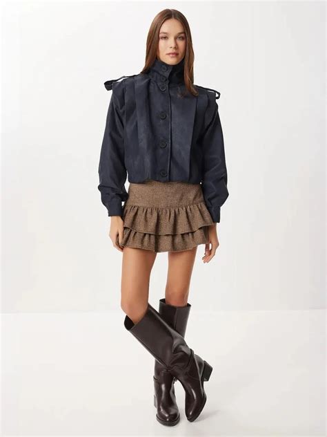Happiness İstanbul Navy Blue Cropped High-Neck Button-Front Suede-Look ...