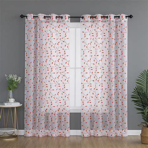 Buy 72 Inches Embroidered Coral Sheer Curtains Faux Linen Window Drape ...