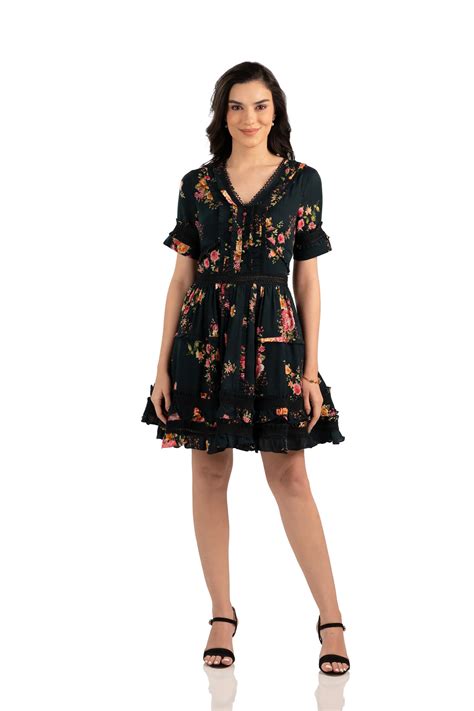 Black Floral Ruffle Belted Tiered Mini Dress | Pretty Pixie