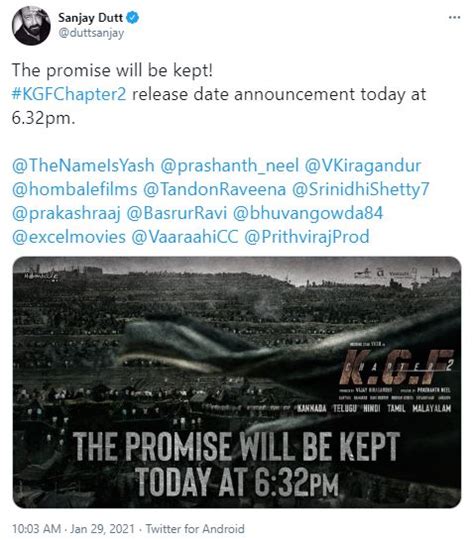 Sanjay Dutt shares 'KGF: Chapter 2' release date announcement