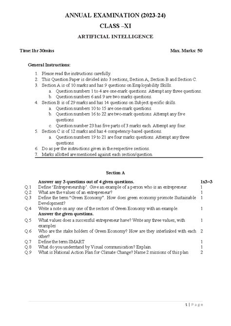 Class XI AI Annual Exam 2023 - Question Paper Overview - Studocu