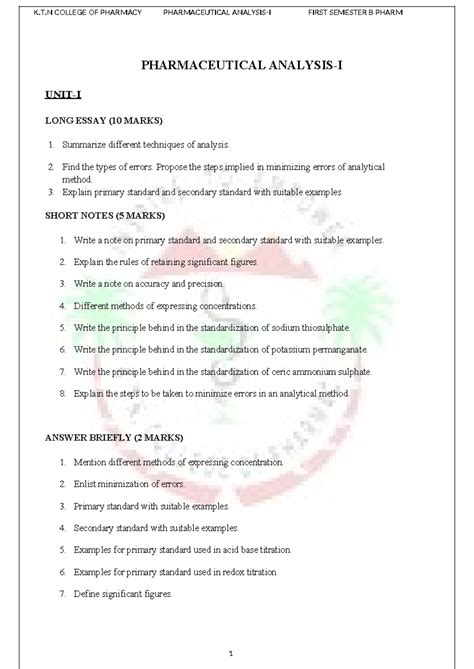 PYQ- Analysis-Unit wise - PHARMACEUTICAL ANALYSIS-I UNIT-I LONG ESSAY ...