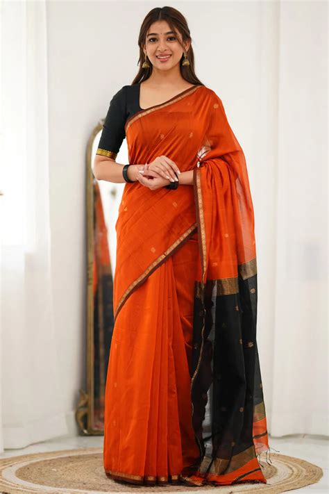 Ornate Orange Cotton Silk Saree With Woebegone Blouse Piece – Kankaari