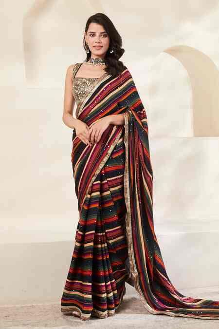 Buy Multi Color Georgette Sequins, Cut Work, Zari Stripe Print Saree ...