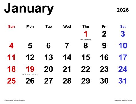 January 2026 Calendar | Templates for PDF, Excel and Word
