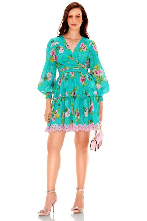 Turquoise Floral Mini Dress | V-Neck Puff-Sleeve Lace-Hem