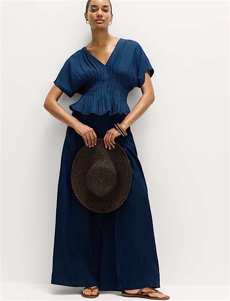 Buy Linen Rich V-Neck Waisted Top at Marks & Spencer