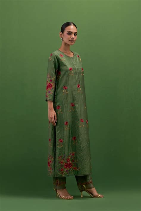 Buy - Gul brunswick green scalloped detail straight kurta set | Elan Store