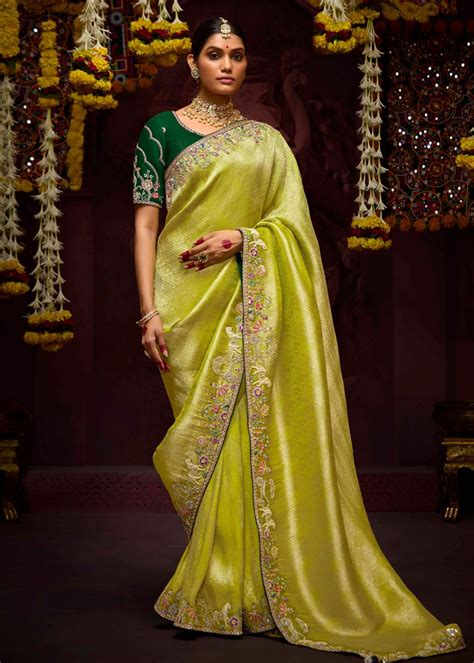 Shop Banarasi Silk Lime Green Handwork Bridal Saree Online For Bride ...