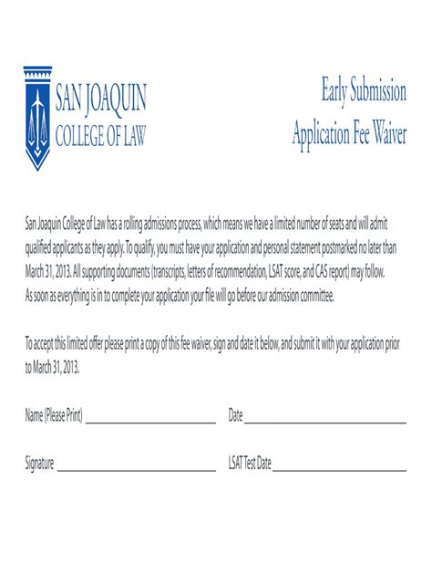 Fillable Online Early Submission Application Fee Waiver - Your ...