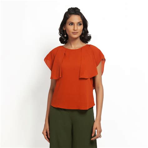 Orange Crepe Top With Drape Shoulder
