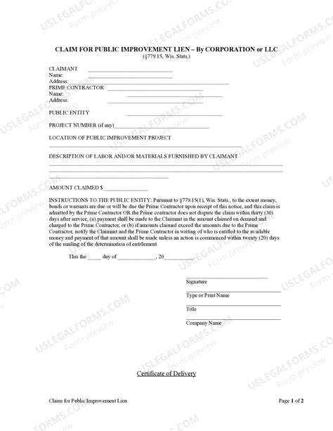 Wisconsin Claim for Public Improvement Lien by Corporation | US Legal Forms