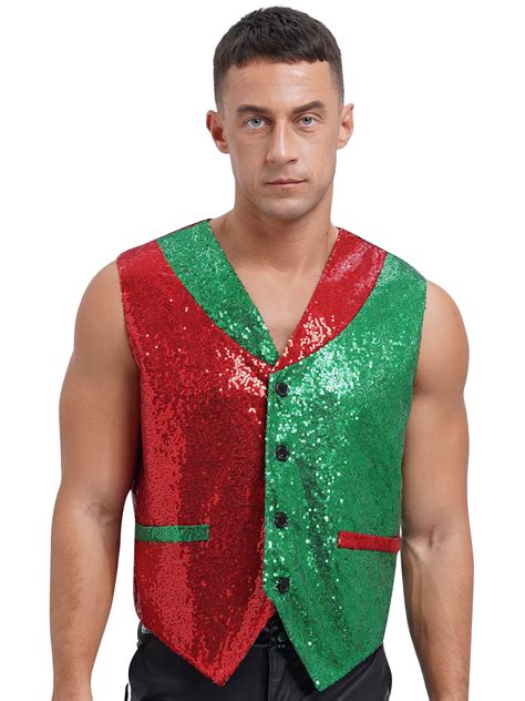 vastwit Men Full Sequins Paillette Waistcoat Christmas Santa Elf Vest ...