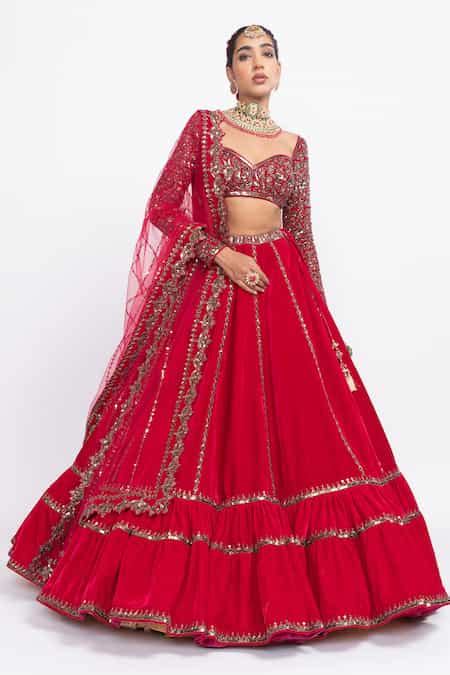 Buy Red Velvet Dupatta Net Sweetheart Neck Embroidered Bridal Lehenga ...