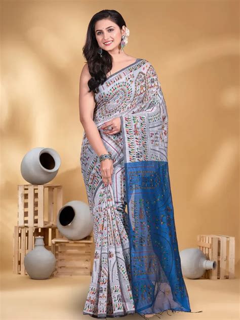 T.J. SAREES Ash And Sky Blue Handloom Cotton Silk Premium Quality ...