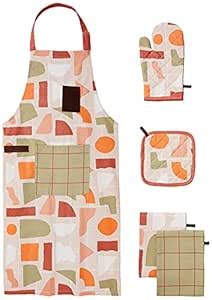 Buy Amazon Brand - Solimo 100% Cotton 5 Piece Kitchen Apron, Oven Glove ...