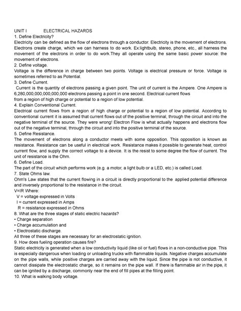 BM8076 - ESQA - UNIT I ELECTRICAL HAZARDS Define Electricity ...
