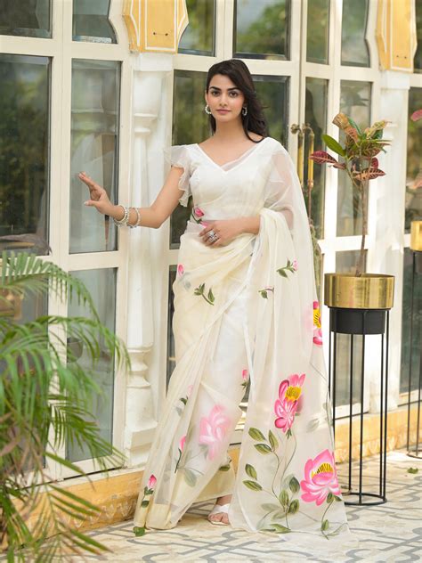 Divena Cream Hand-painted Organza Saree – divena world