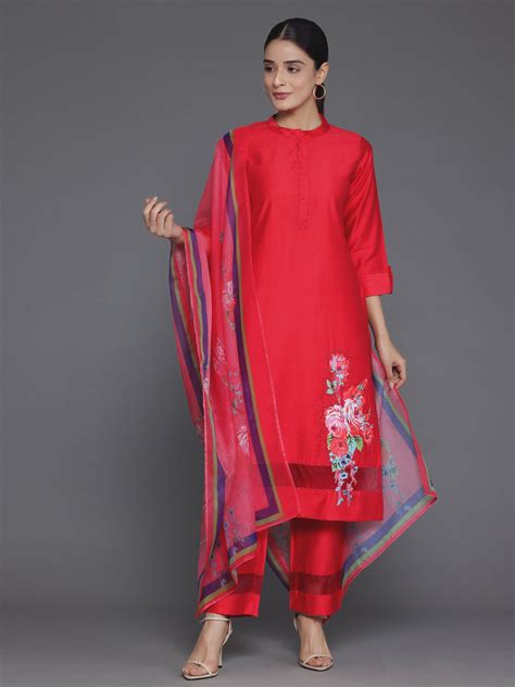 Buy Red Self Design Silk Blend Straight Suit With Dupatta Online at Rs ...