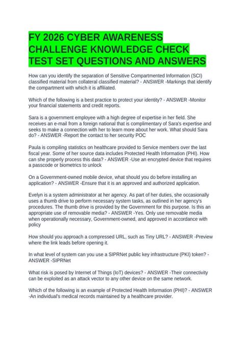 FY 2026 CYBER AWARENESS CHALLENGE KNOWLEDGE CHECK TEST SET QUESTIONS ...