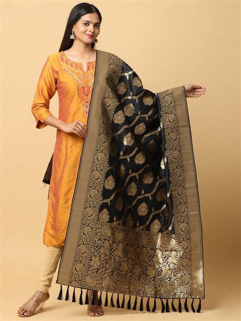 Black Silk Blend Woven Design Dupatta New Collection
