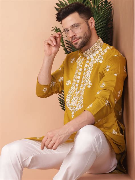 Men's Mustard Chikankari Embroidered Kurta With Pyjama – Jompers