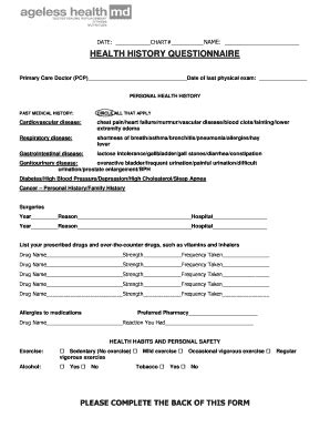 Fillable Online DATE: CHART# HEALTH HISTORY QUESTIONNAIRE Fax Email ...