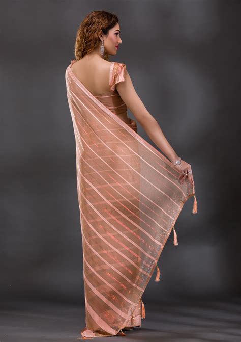 Buy Peach Swarovski Shimmer Georgette Saree - Koskii