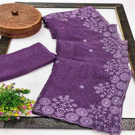 Lavender Chiffon Saree Featuring Delicate Floral Embroidery & Shimmeri