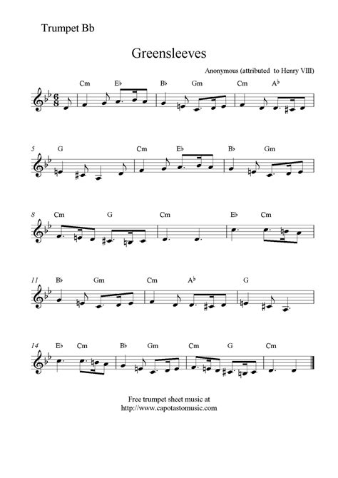Free Printable Sheet Music: Greensleeves, free trumpet sheet music notes