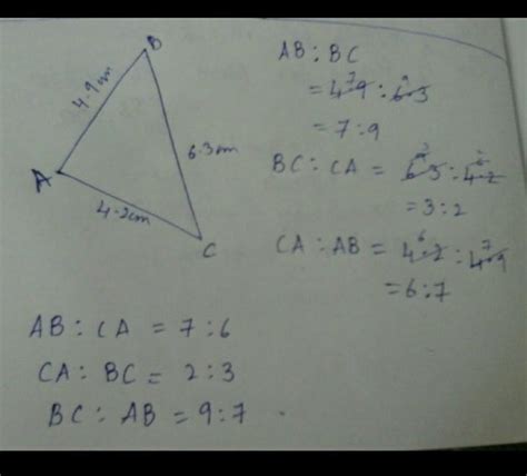A triangle has sides 4.2 cm, 4.9 cm and 6.3 cm respectively. Find the ...