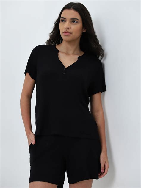 Buy Wunderlove Black Supersoft Ribbed Textured Henley Top from Westside