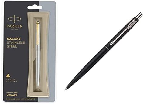 Parker Galaxy Stainless Steel Gold Trim Ball Pen & Parker Classic Matte ...