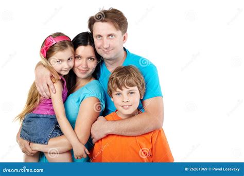 Family, Father Embraces Mother, Daughter and Son Stock Image - Image of ...