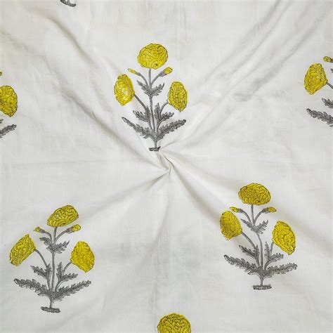 Pure Cotton Jaipuri White With Yellow Mughal Flower Hand Block Print F ...