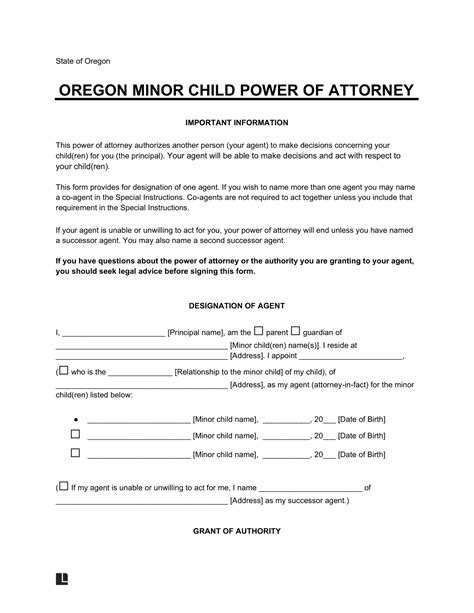 Free Oregon Delegation of Parental Powers (Minor POA) Form