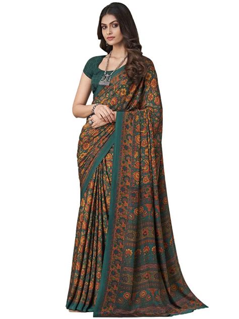 Satrani Women'S Silk Crepe Floral Printed Saree With Unstitched Blouse ...