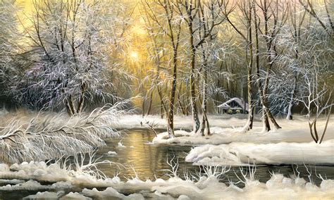 painting, Oil, Winter, Snow, Trees, Cold, House Wallpapers HD / Desktop ...