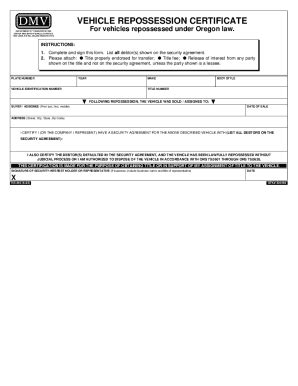 Oregon DMV Vehicle Repossession Certificate - Blank Fillable Template ...