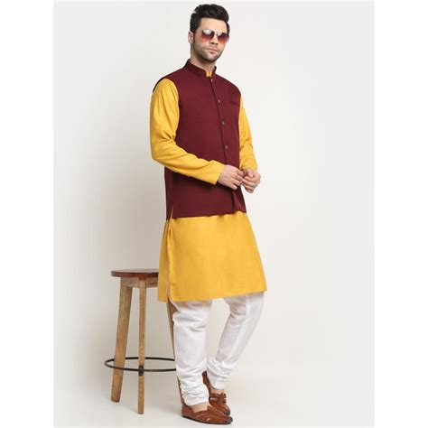 Buy Kraft India Men Cotton Mustard Kurta and Churidar with Maroon Nehru ...