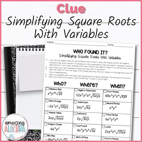 Simplifying Square Root Radicals with Variables Clue Mystery Activity | Made By Teachers